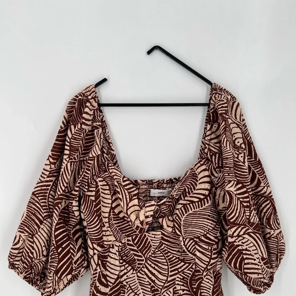 MNG Mango Palm Print Eyelet Balloon Sleeve Mini Dress